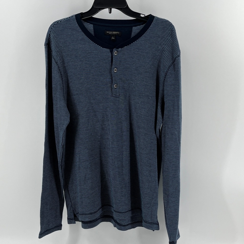 Banana Republic Henley Shirt, Mens, Large, Blue, Striped Pima Cotton Modal